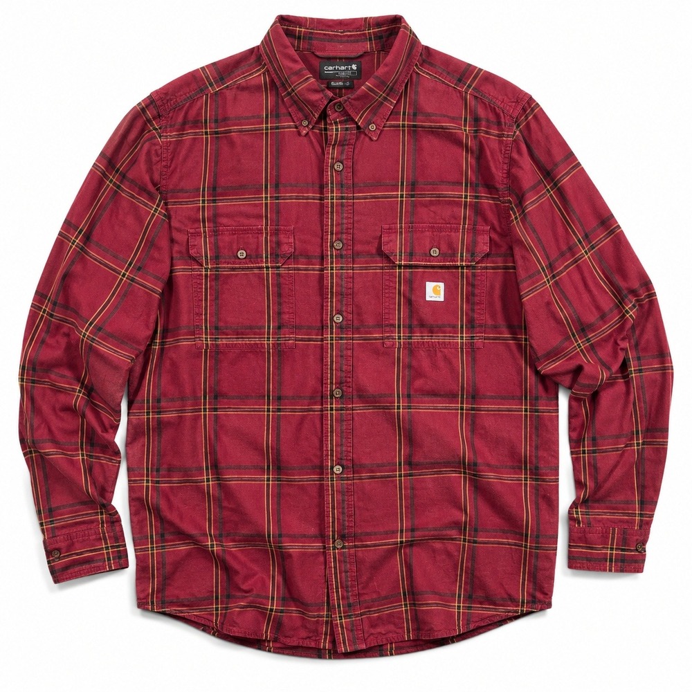 Carhartt Loose Fit Plaid Button Up Shirt Mens XL Burgundy Long Sleeve Cotton